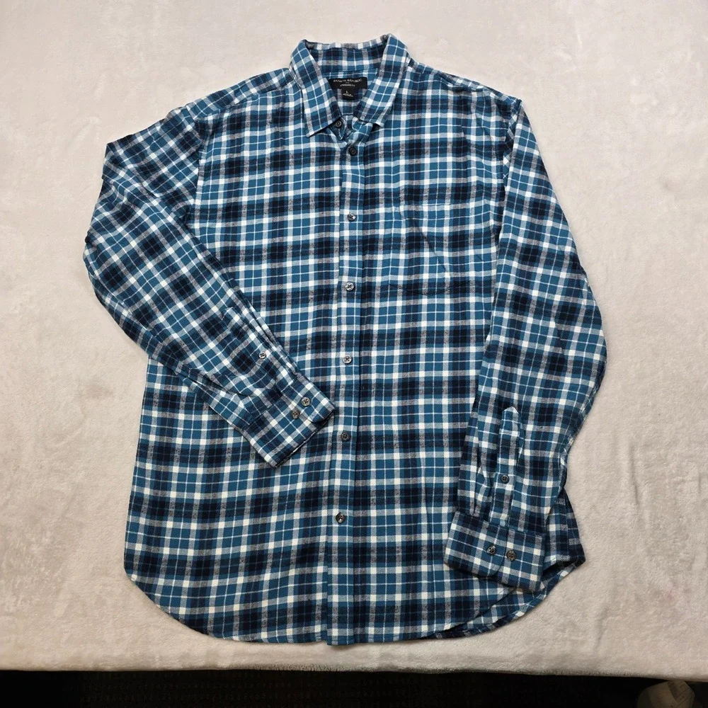Banana Republic Flannel Shirt Mens Large Teal Plaid Long Sleeve‎ Standard Fit